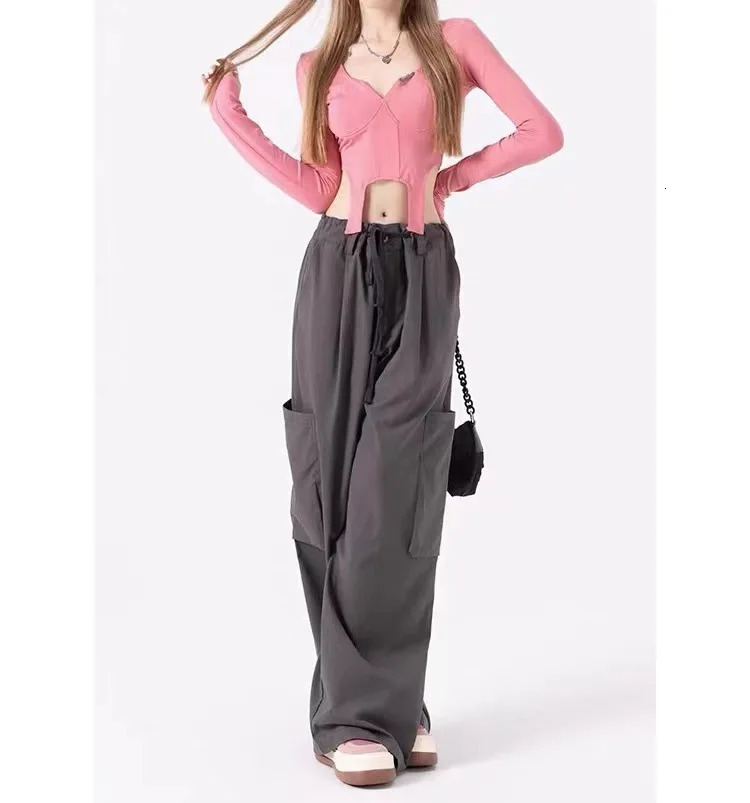 Big Pockets Cargo Women Streetwear Joggers Female High Waist Wide Leg Pants Casual Girl Retro Vintage Drawstring Trousers Z260312