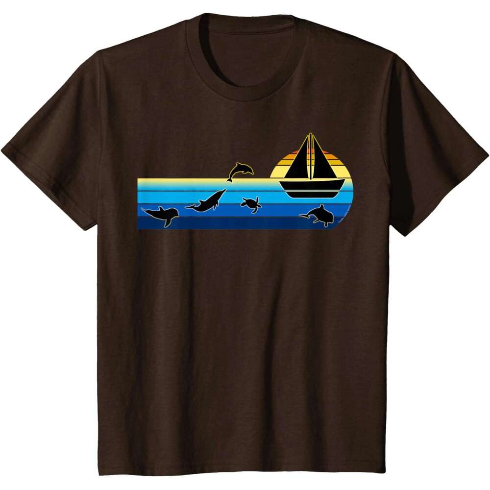 Mens T shirt Nautical Sunrise Sailboat with Dolphins Beach Summer Sailing T-Shirt shirts tshirt graphic tee Casual tops summer clothes Short sleeve Fr
