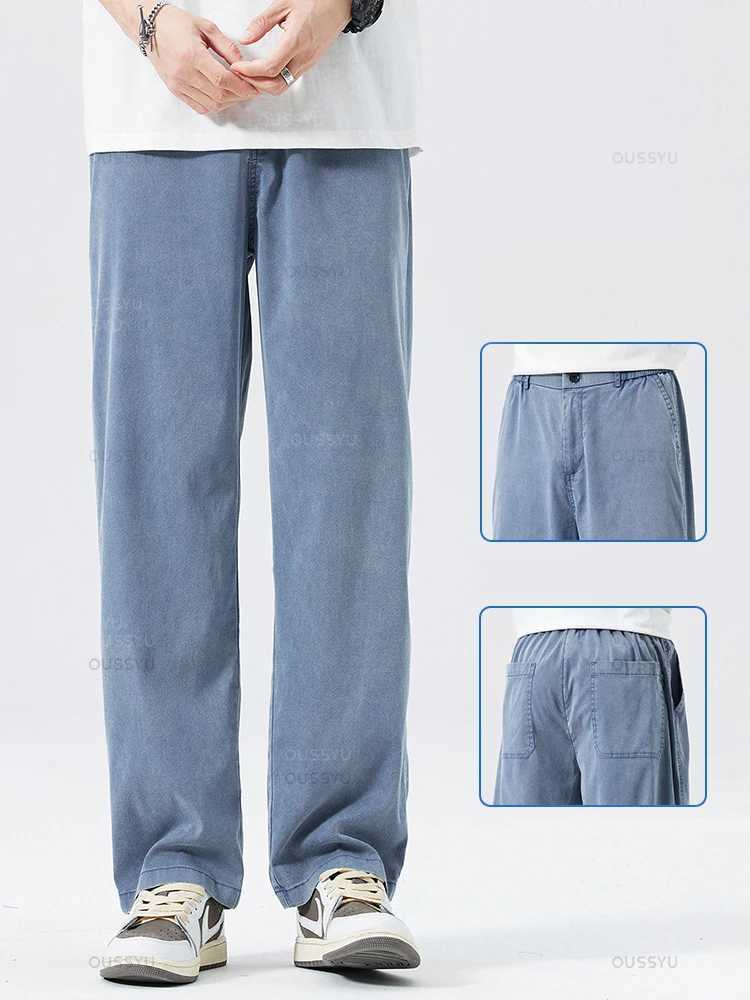 Summer Ultrathin Soft Lyocell Fabric Mens Jeans Breathe Loose Straight Pants Elastic Waist Korea Casual Trouser Plus Size M-5XL M250610