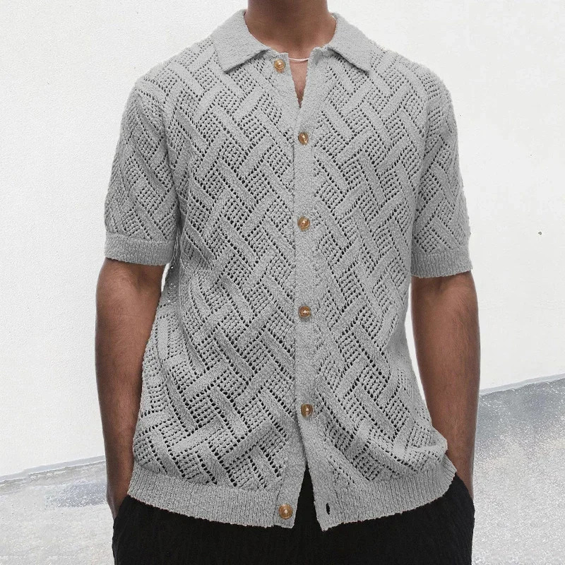 Beach casual breathable knitted shirt mens summer button up collar short sleeved cardigan hollow 240807