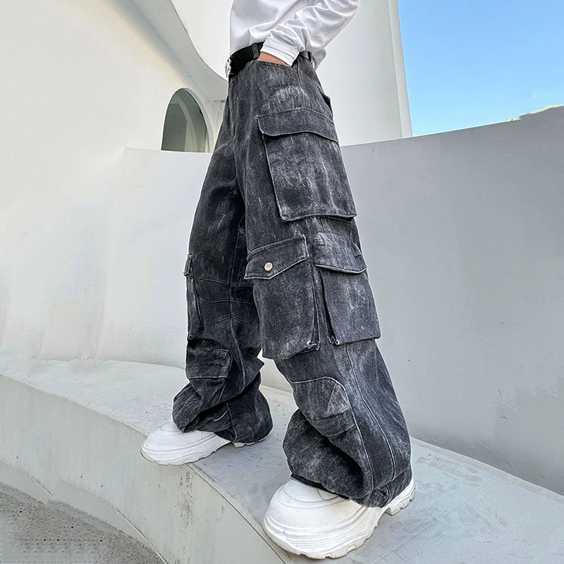 FEWQ Washed Mens Wide Leg Pant Multipockets Male Straight Trousers Casual Gradient Color Niche Design Spring Trendy 9C4400 240806