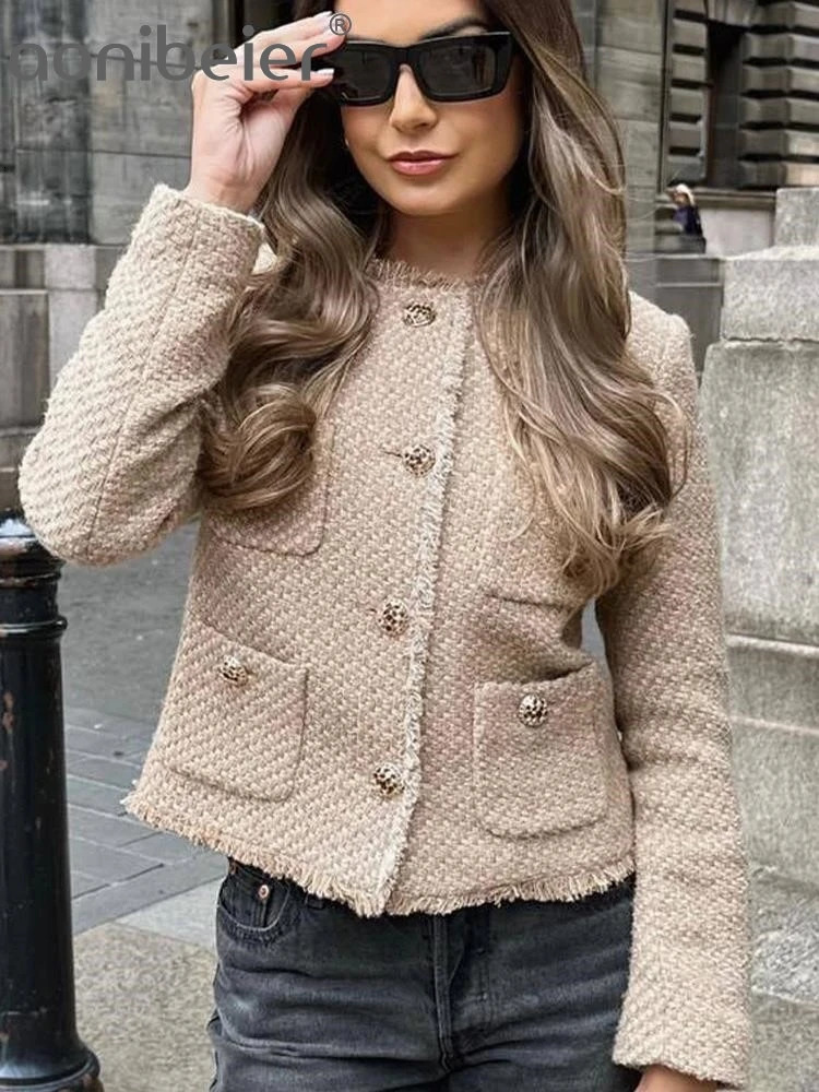 Aonibeier Elegant Women Blazer Traf Spring Long Sleeve Metal Buttons Office Suit Jacket Short Coat Female Crop Top Y2K 240807