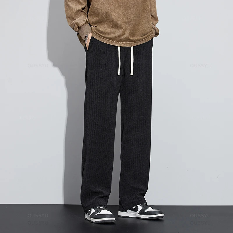 Autumn Winter Soft Stretch Stripe Corduroy Pants Men Thick Elastic Waist Korea Baggy Straight Work Jogger Trousers Male 240806
