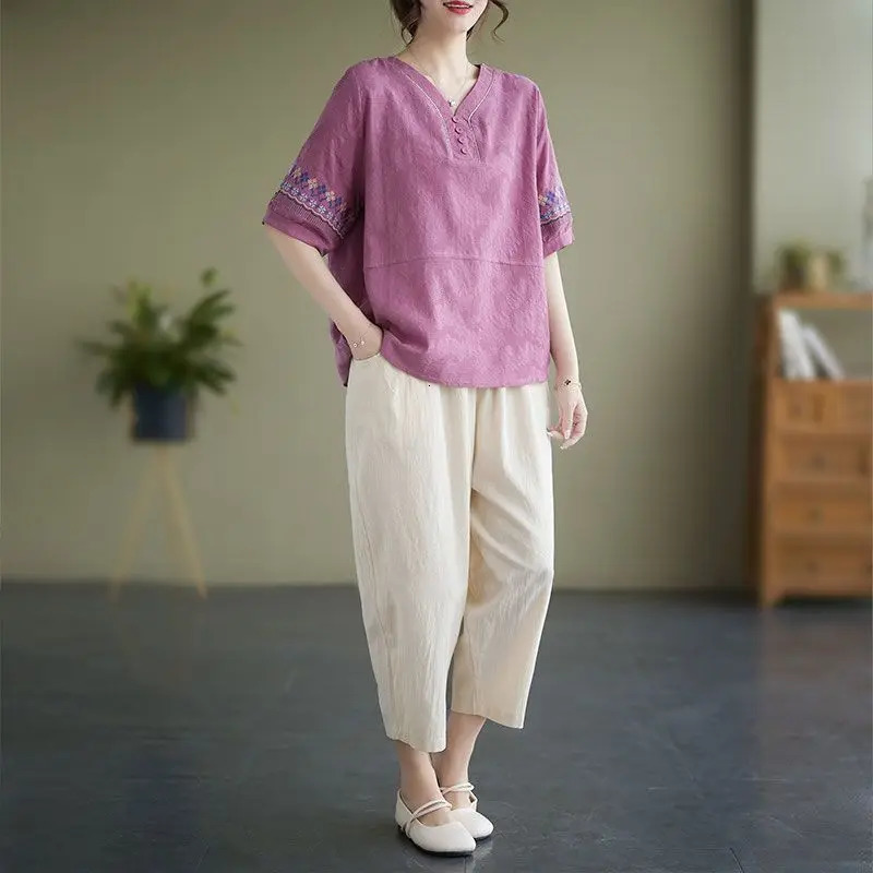 Women Summer Vintage Fashion Loose Solid Color Cotton and Linen V-neck Short Sleeve T-Shirt Ladies All-match Pants Tops Suit 240807