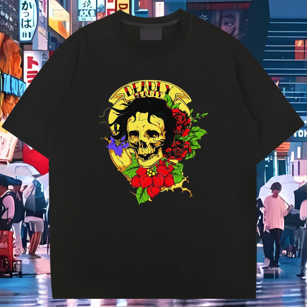 2024 New T-Shirts for Men skull Tee Shirt 230g Pure Cotton Street wear Hip Hop Unisex DIY Printed O-Neck Short Sleeve Couples T Shirts