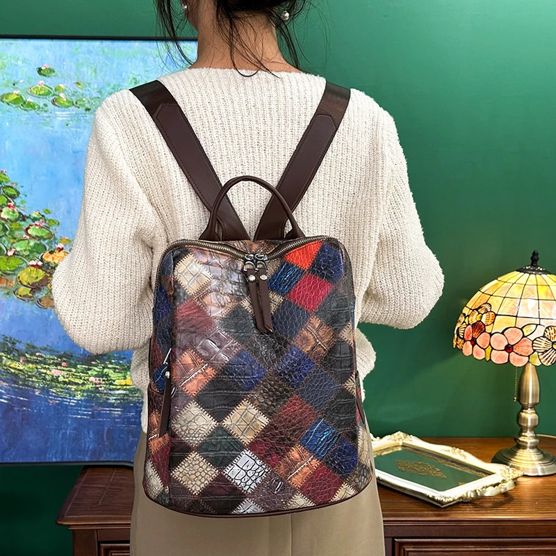Fashion Plaid Backpack Womens Soft Leather Daypack Large Rucksack Travel Bag 240807