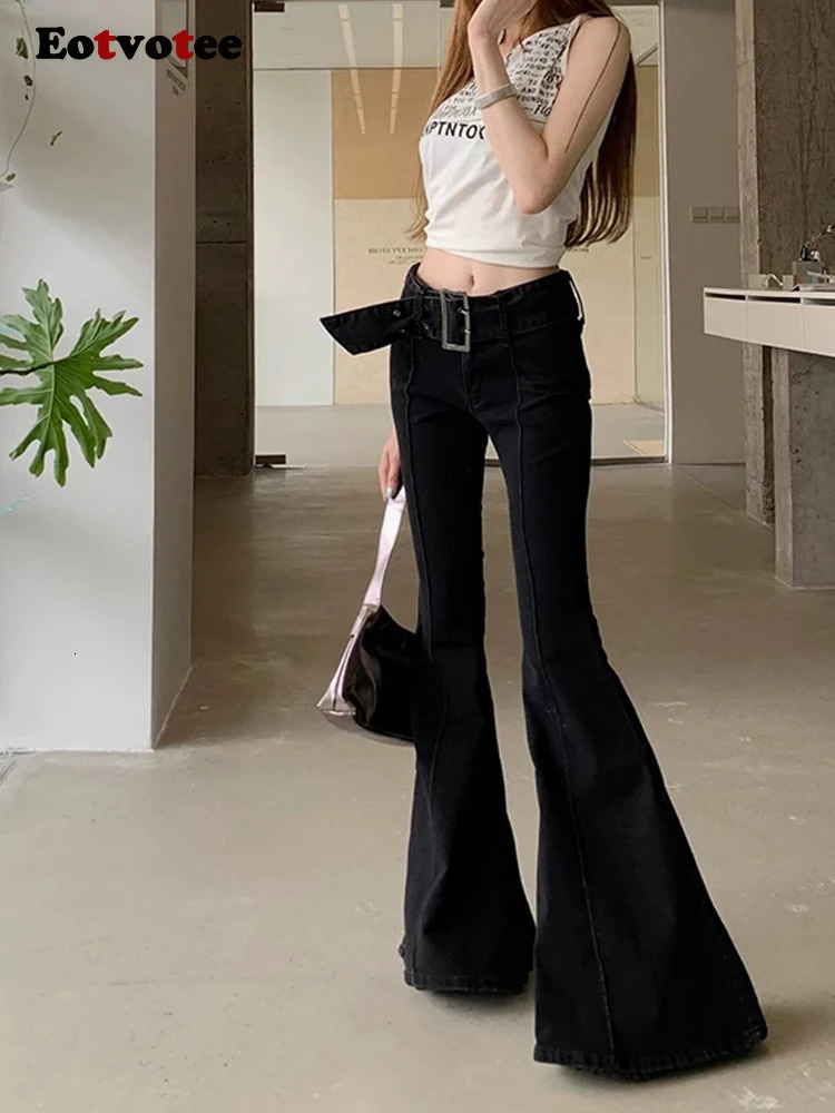 EOTVOTEE Korean Fashion Flare Low Waist Jeans Trousers Pattern Streetwear Casual Button Black Jeans Y2K Full Length 240807