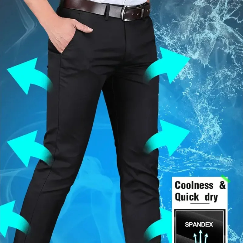 Mens Business Casual Long Pants Comfortable Stylish Ice Silk Thin Trousers Suit High Waist Breathable 240806