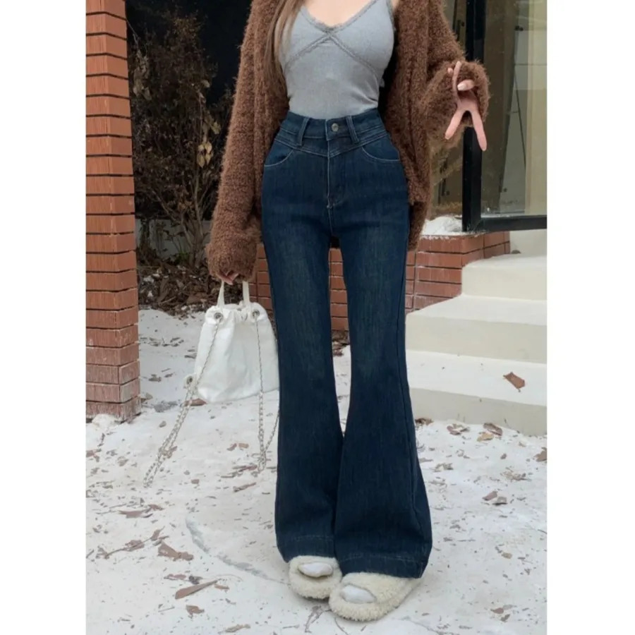 Winter Warm Fleece Flared Jeans Pant Elegant Slim Long Pants Women y2k Clothing Brushed Pants with Pocket Thick Stretch 240807