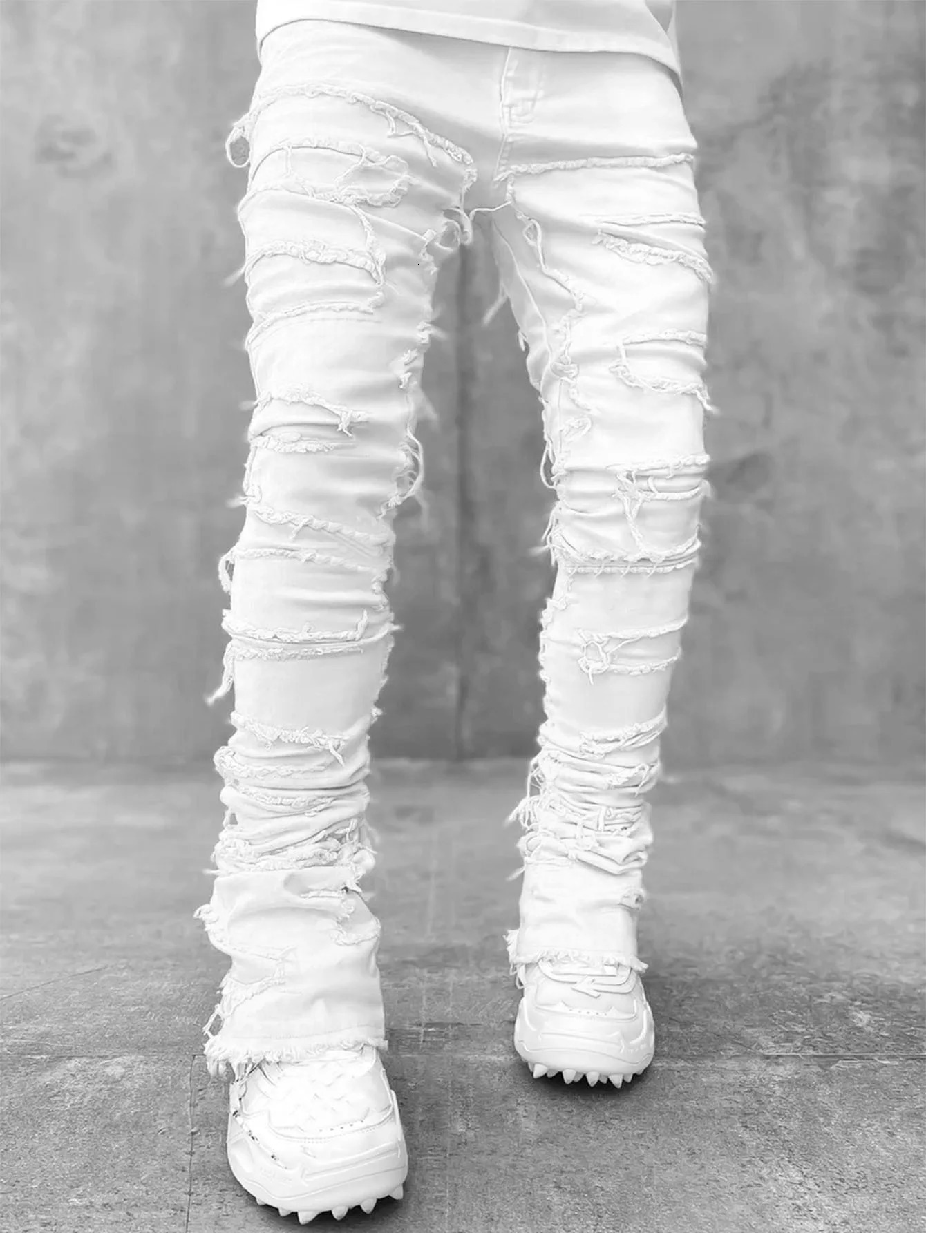 High Street White Mens Stacked Jeans Stretched Patchwork Tassel Damaged Denim Full Length Pants Hippop Trousers For Male 240806