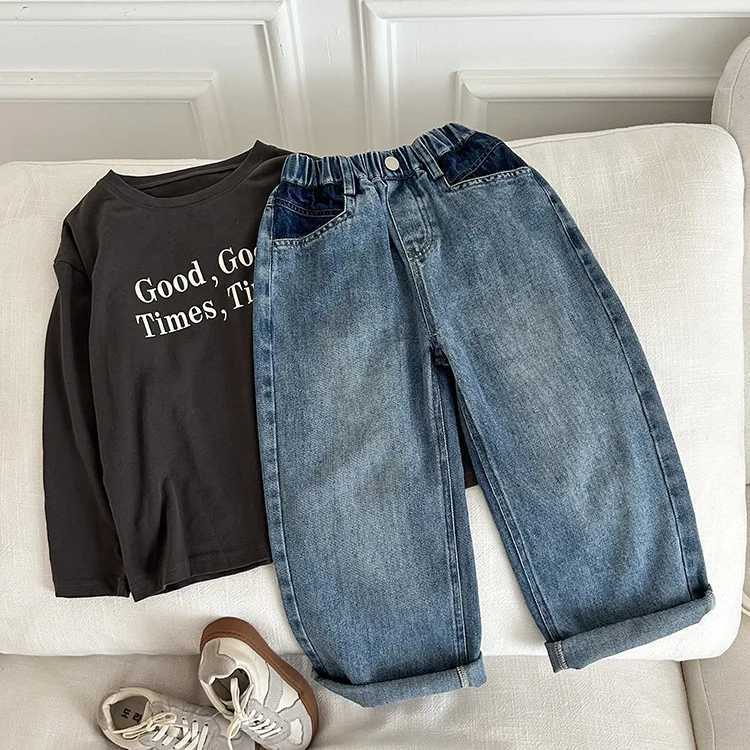 Jeans Autumn girls fashion straight denim pants Kids casual all-match washed jeans