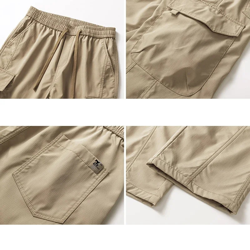 Summer Thin Mens Cargo Pants Baggy Straight Multipocket Design Drawstring Elastic Waist Outdoor Jogging Hiking Trousers Male 240806