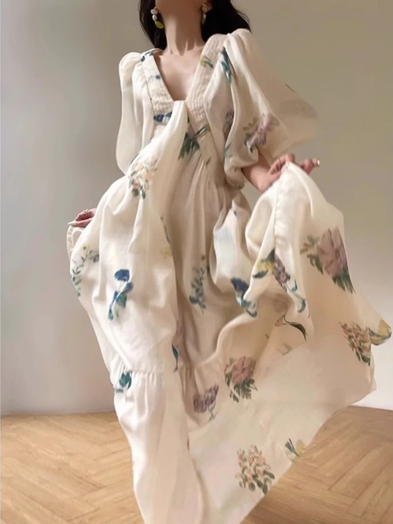 Elegant Print Loose Summer Maxi Dress Women Puff Sleeve Casual V Neck A Line Long Vestidos Female Holiday Lace Up Clothing G575 240807