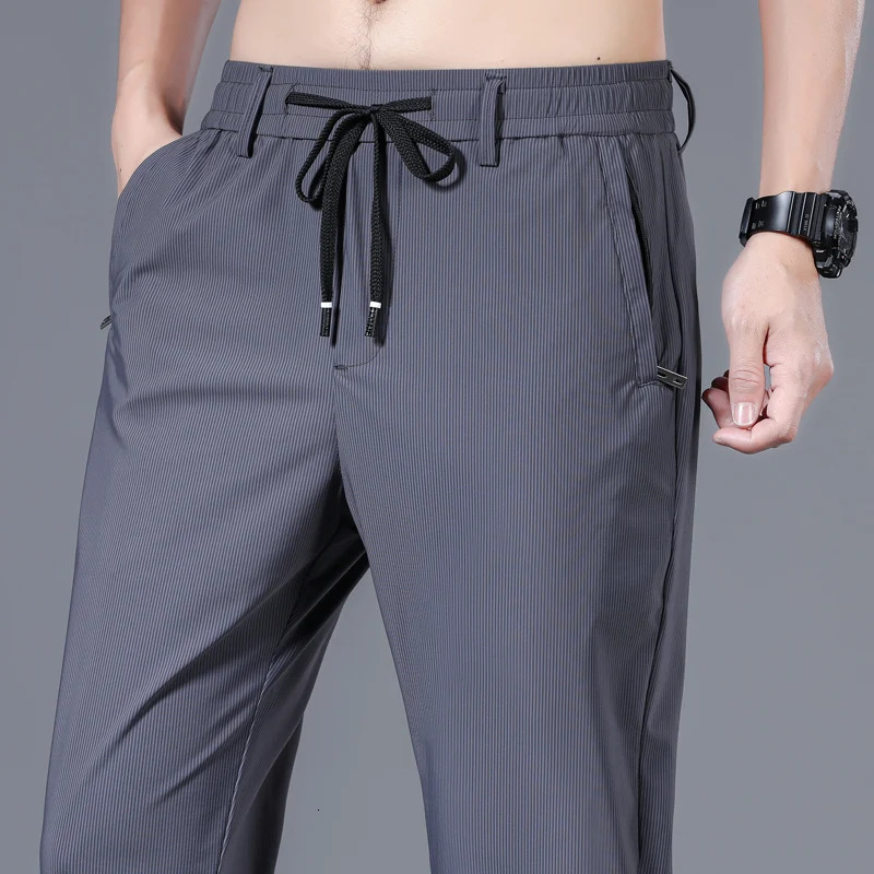 High Elastic Mens Pants Summer Thin Striped Straight Trousers Casual Soft Classic Solid Color Baggy Male Clothes Business Pant 240806