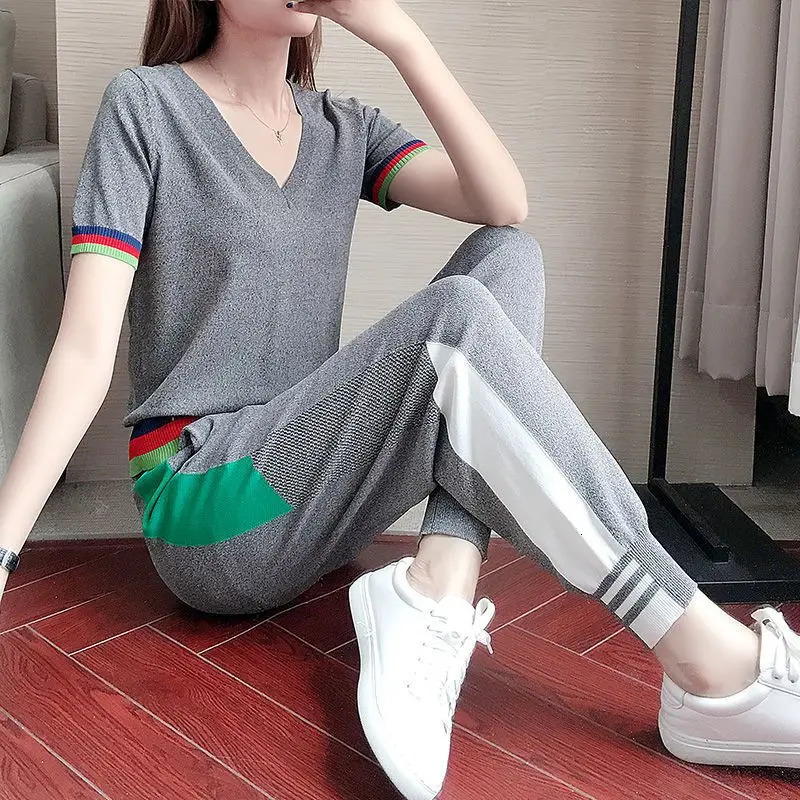 Sports Suit Womens Summer Style Fashion Loose Casual Short Sleeve Color Matching Leggings Two-piece Set Tracksuit 240807