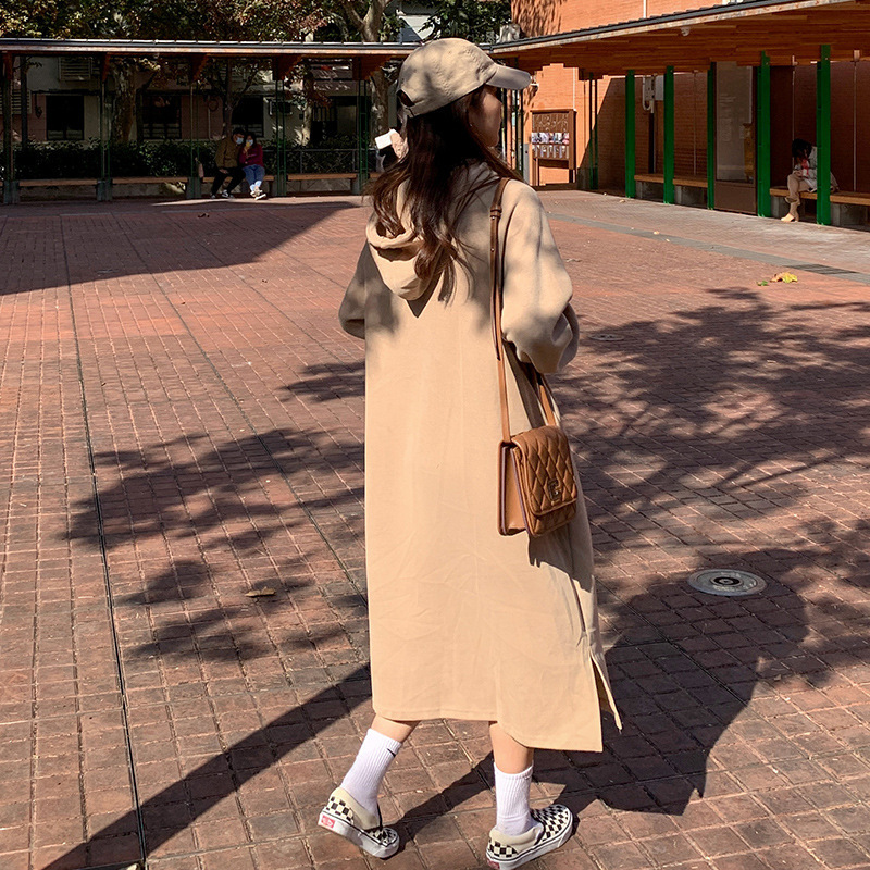 Autumn/Winter New Korean BF Style Split Hem, Loose Slim, Plush and Thick Over Knee Hoodie Long Dress