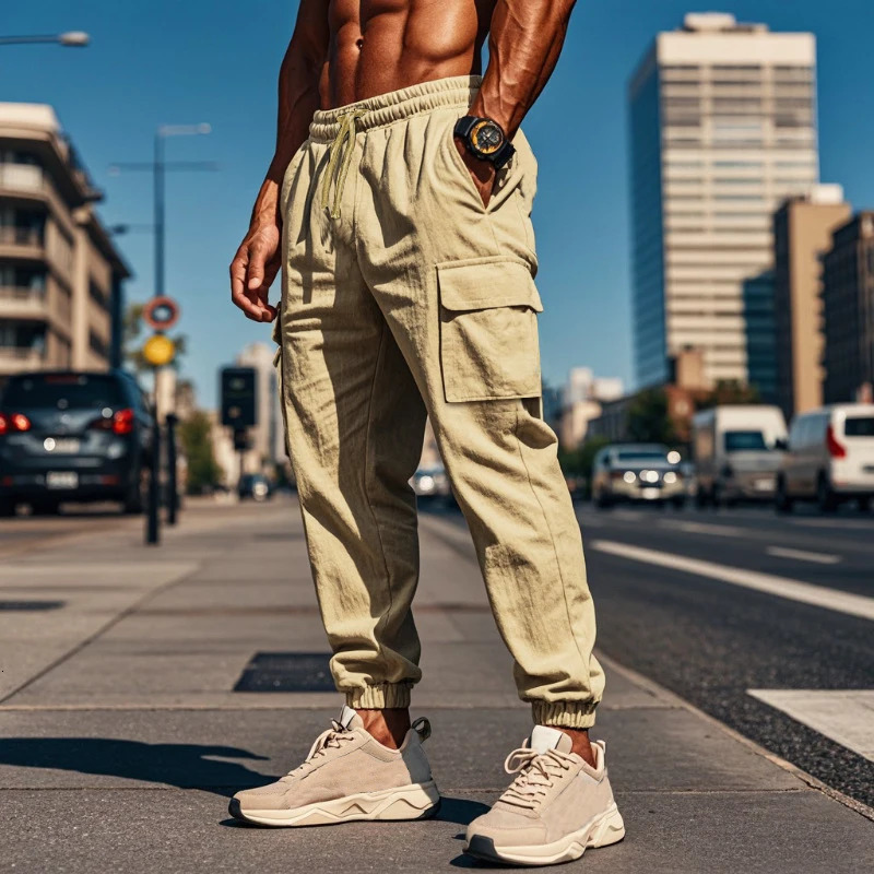 Vintage Loose Drawstring Mens Cotton Pants Stylish Solid Color Breathable Cargo Streetwear Fashion Pocket Men 240806