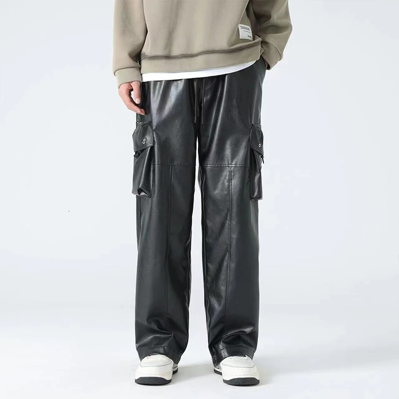 Mens Black Matte Faux Leather Laceup Cargo Pants Male Chic Casual Entertainment Splicing PU Straight Trousers Custom 240806