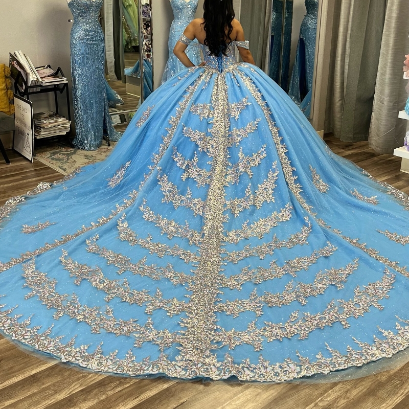 Light Blue Shiny Dresses 2024 Lace Appliqued Crystal Off the Shoulder Ball Gown Sweet 15 Vestidos De Quinceanera