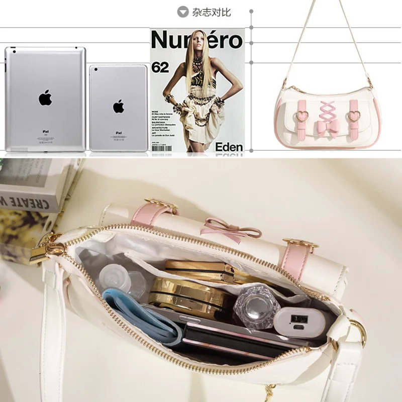 Lolita Shoulder Bags for Women Cute Bow Jk Sweet and Kawaii Lipstick Purses and Handbags All-match Leather Underarm Bag Sac 240805