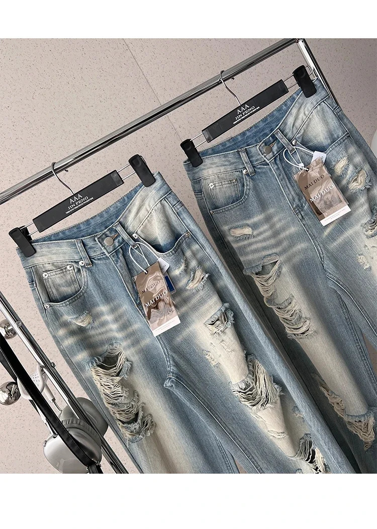 Womens Y2k Ripped Jeans Harajuku 90s Aesthetic Baggy Denim Trousers Vintage Jean Pants Japanese 2000s Style Trashy Clothes 240807