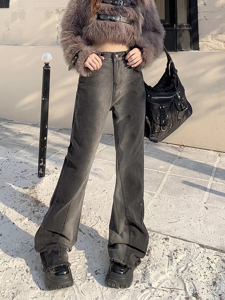 Slergiri Fashion Y2k Raw Hem Washed Do Old Bell Bottom Jeans for Women Streetwear American Vintage Punk Ladies Flare Pants 240807