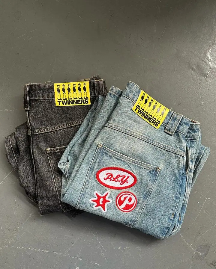 PROTECT Jeans Y2K Harajuku Hip Hop Graphic Oversized Retro Blue Baggy Jeans Mens Womens High Waist Wide Leg Trouser