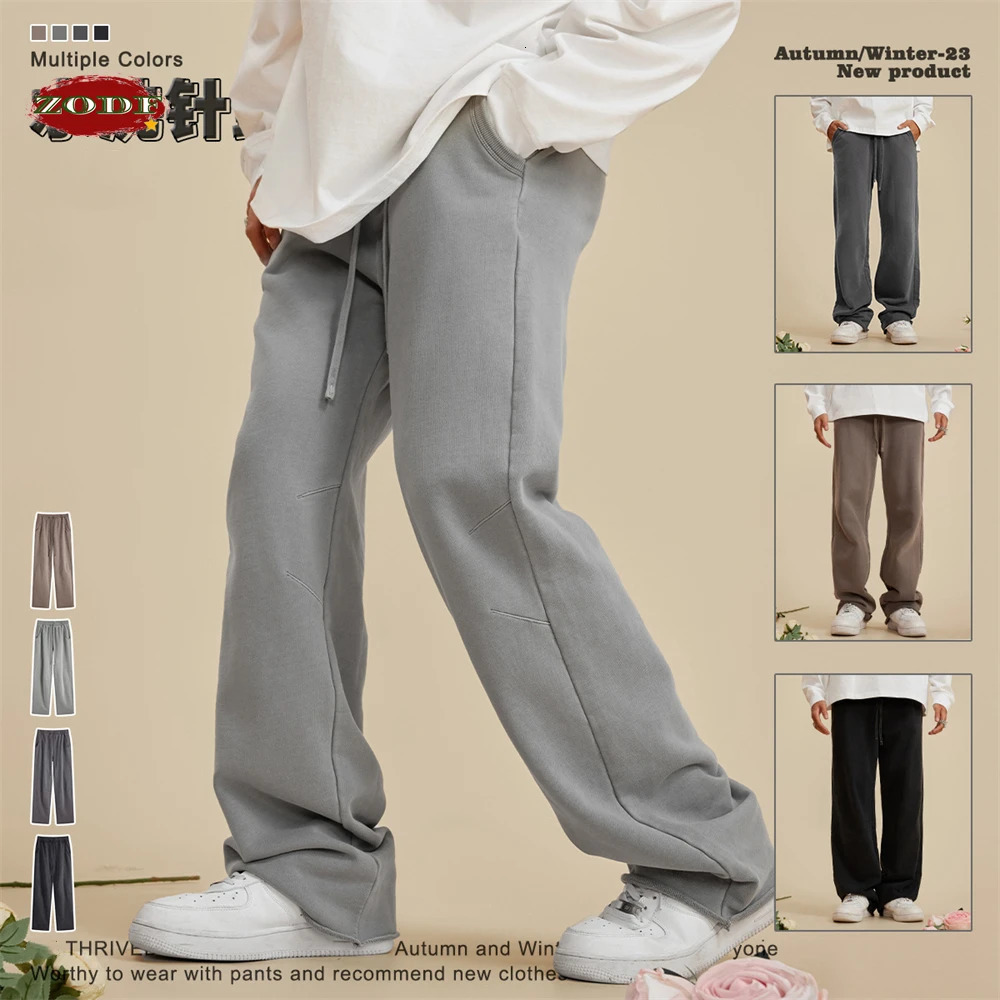 ZODF Men Washed 380gsm Cotton Pants Unisex High Street Oversized Loose Edge Straight Knitted Trousers Streetwear HY0608 240806