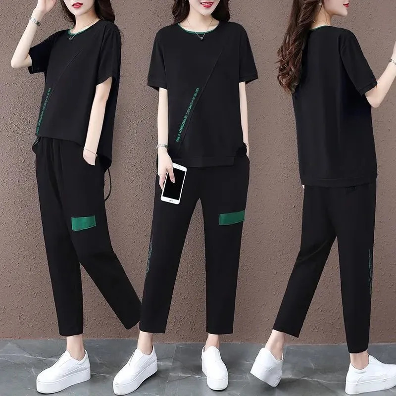 One-Piece/Set Women Summer Cotton T-Shirt Top Two-Piece Casual Sports Suit Female Loose Nine-Point Pants L773 240807