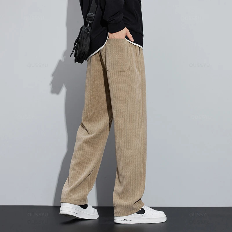 Autumn Winter Soft Stretch Stripe Corduroy Pants Men Thick Elastic Waist Korea Baggy Straight Work Jogger Trousers Male 240806