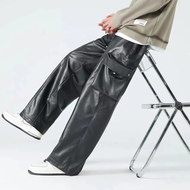 Mens Black Matte Faux Leather Laceup Cargo Pants Male Chic Casual Entertainment Splicing PU Straight Trousers Custom 240806