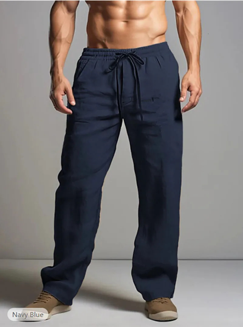 Solid Color Cotton Hemp Pants Drawstring Elastic Waist Straight Leg Breathable Daily Casual Plus Size 240806