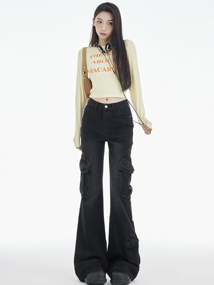 Women Low Rise Japanese Cyber Punk Harajuku Fashion Bell Bottom Denim Pants Flare Jeans Y2k Streetwear Grunge 2000s Aesthetic 240807