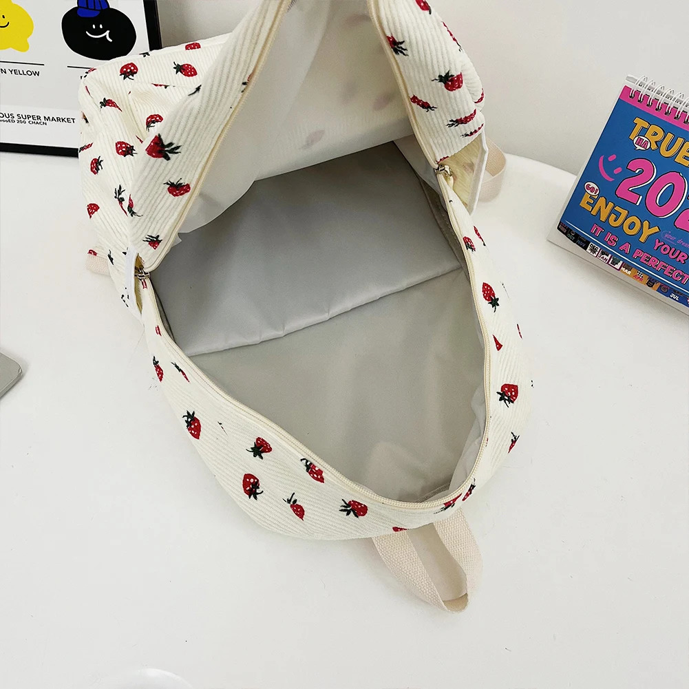 Corduroy Strawberry Backpack Fashion Notebook Large Capacity Leisure Travel Adjustable Shoulder Straps 240807