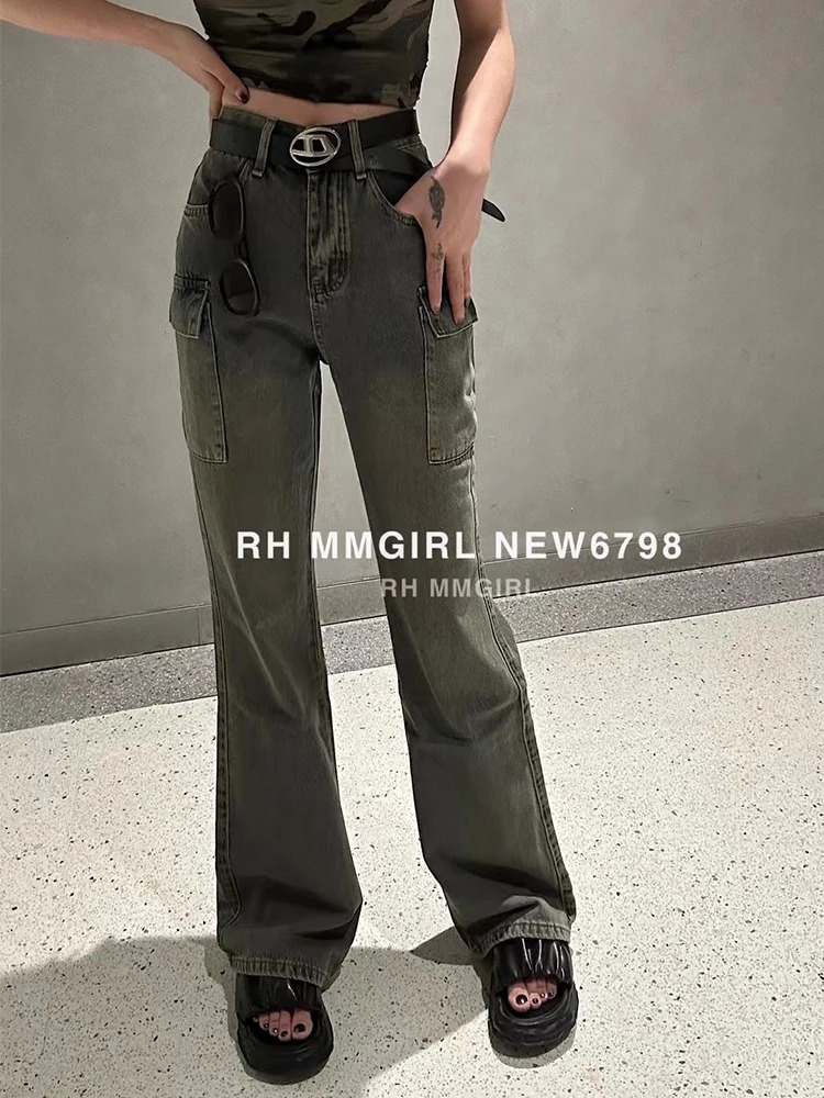 Autumn Winter Women Korean Fashion Denim Bell Bottom Grunge Cargo Pants Vintage Flare Jeans Y2k Japanese Streetwear Punk Gyaru 240807