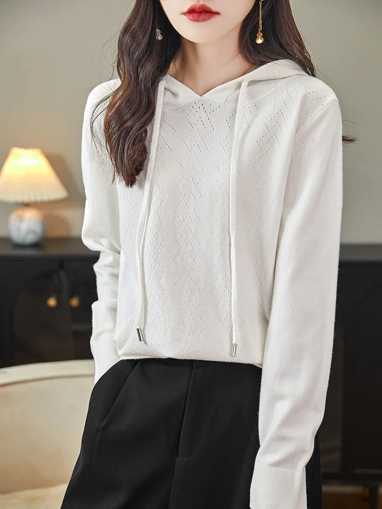 Australian Wool Pullover Hoodie O-Neck Solid Color Knitwear Hoodie Long Sleeved Knit Sweater Women Fashion Leisure Style Top 240807
