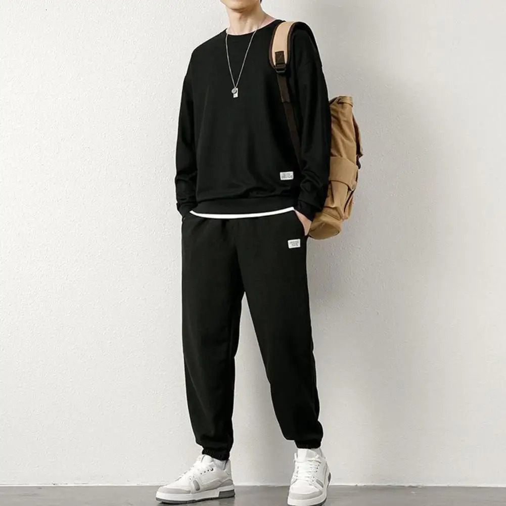 Men Casual Two-piece Set Mens Waffle Texture O-neck Long Sleeve Top Elastic Waist Sweatpants Set Solid Color Casual for Spring 240813