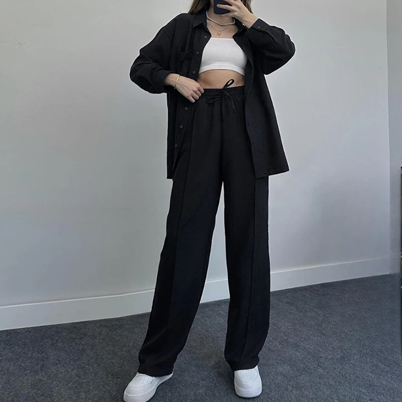 Fashion High Street Lace Up Outfits Spring Autumn Multi Color Women Two Piece Set Casual Collar Button Shirt Pants Sports Suit 240807