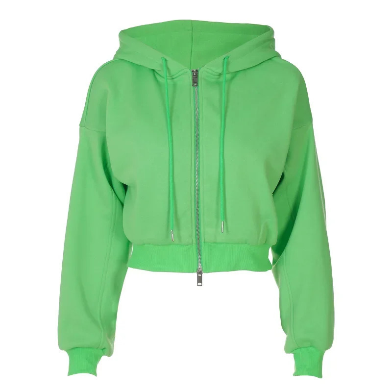2024 fashion streetwear neon green sportswear casual cotton zipper long sleeved top solid navy blue drawstring cut hooded women240806