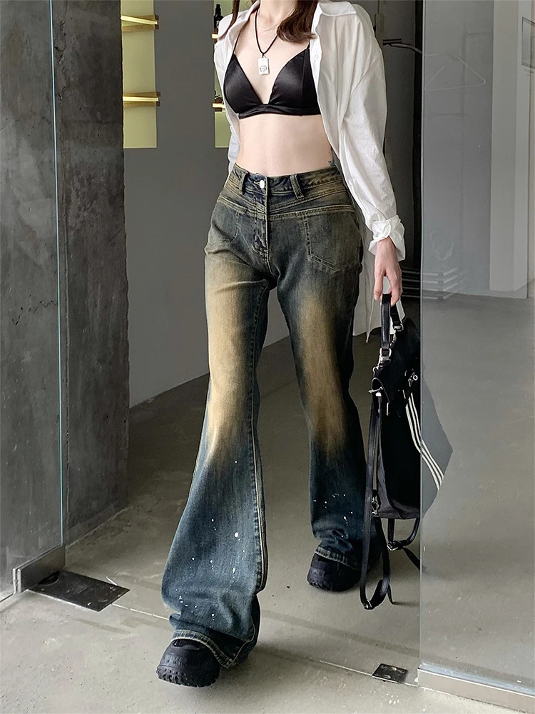 Fashion Blue Denim Flare Pants Women High Waist Slim Bell Bottoms Female Jeans Y2K Streetwear Gyaru Vintage American Retro 240807