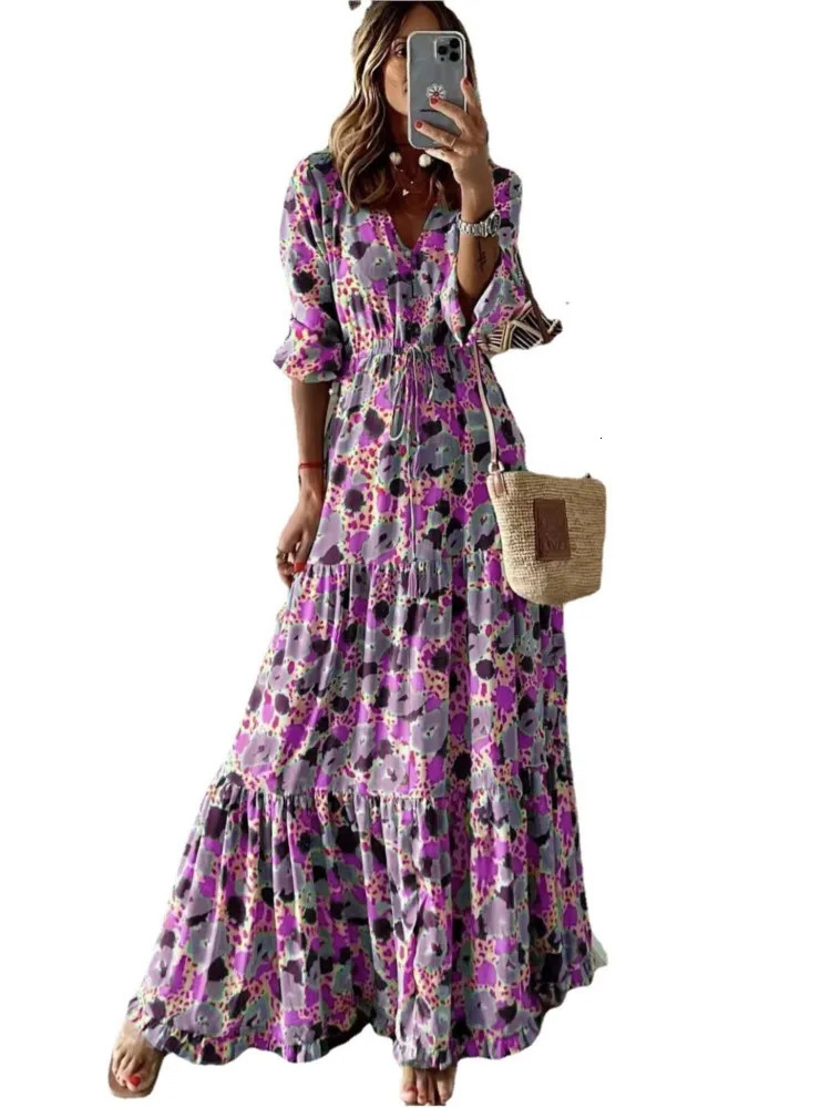 Spring Autumn Flower Print Long Dresses For Women Casual Holiday A-line Beach Dress Fashion Elegant Bohemian Style Maxi Vestidos 240807
