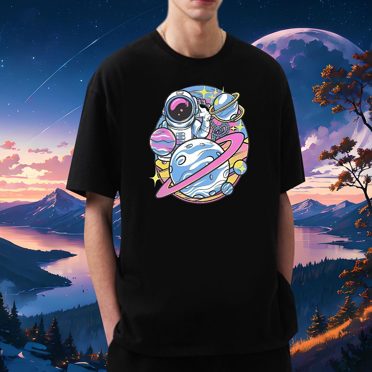 2024 New Men T Shirts spaceman Tee Shirt 230g 100% Cotton Hip Hop Brand White Plus Size O Neck Short Sleeves Men Tshirts