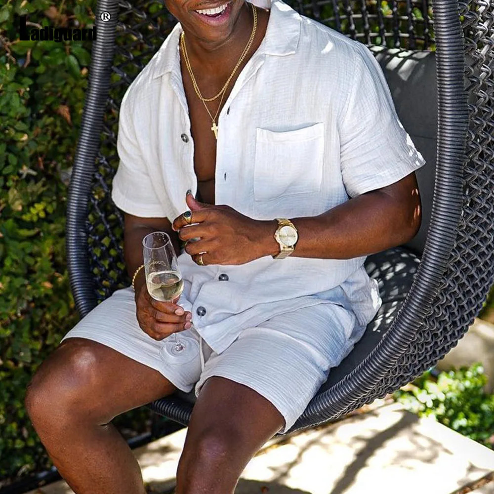 Ladiguard Plus Size Mens Simple Notched Tracksuit Sets Short Seeve Pocket Two-piece Set Men Outdoor Casual Beach Co-ords 240806