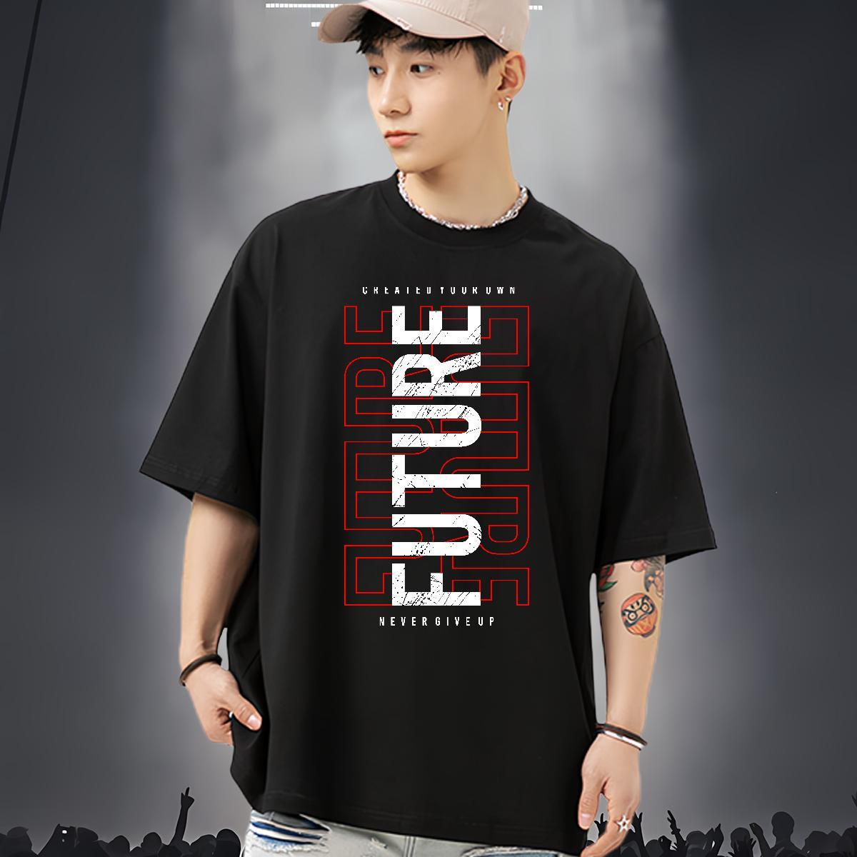 Free Shipping T-Shirts letter Tops 230g Cotton Spring Summer Comfortable Black Oversized Round Neck Short Sleeve Men Tshirts
