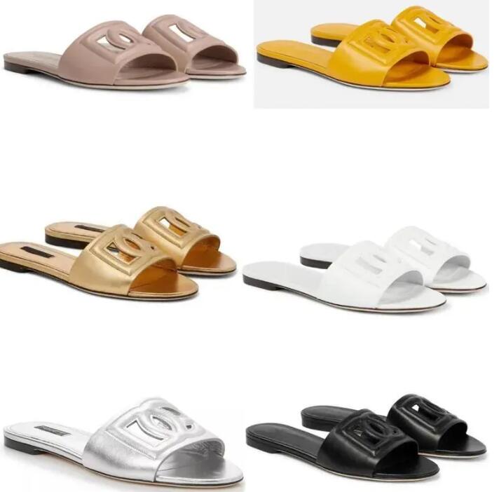 Gold sliver leather luxury design women sandal slipper flats Logo cut out leather slides cutout style open toe summer pop sandals with box card 35-42