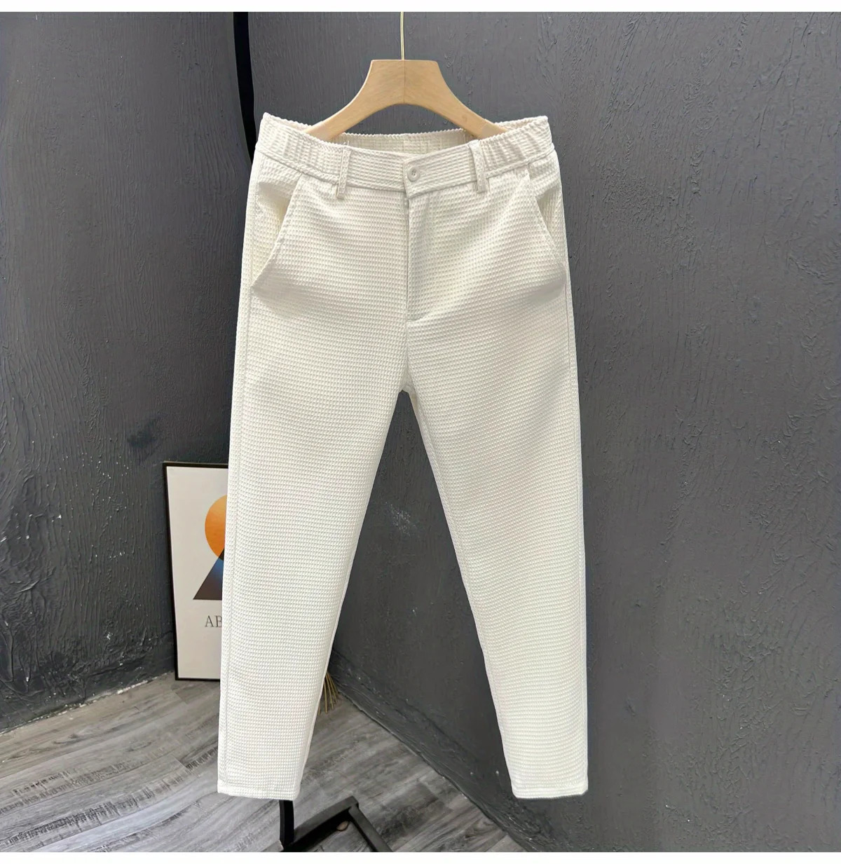 Leisure Trend Korean Edition Summer Solid Color Zipper Pocket Mens High Waist Elastic Slim Fit Straight Nine Split Pants 240806