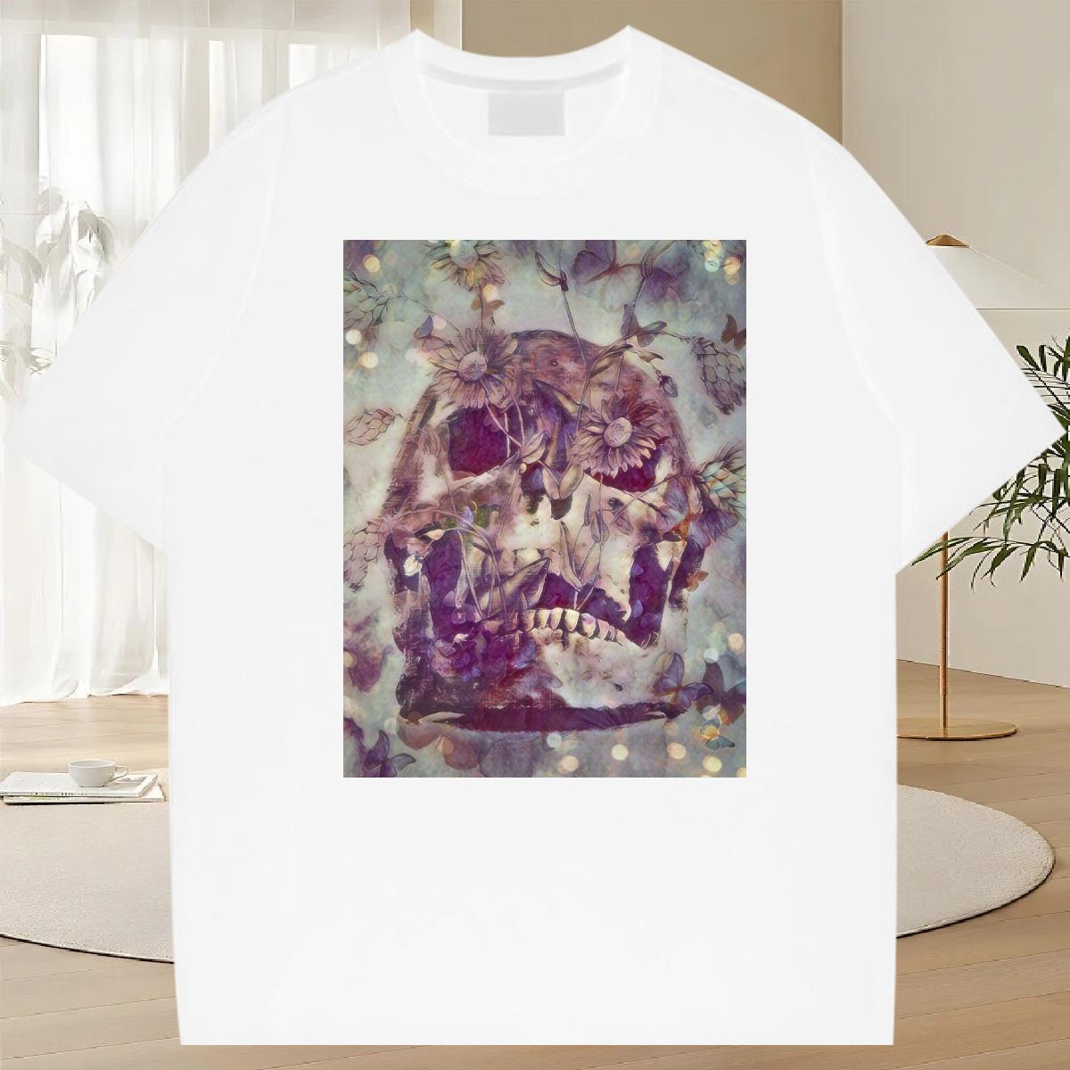 Fashion T shirt skull Top Tees 230g Pure Cotton Street Casual Loose DIY Anime Breathable Men Tees
