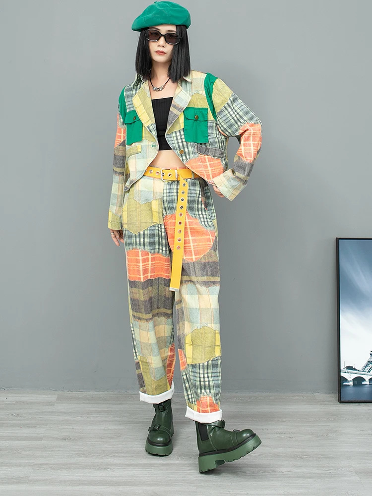 Sweet Cool Contrasting Printed Denim Long Sleeved Suit Collar Jacket Harem Pant Two Piece Set Women Autumn LX1852 240807