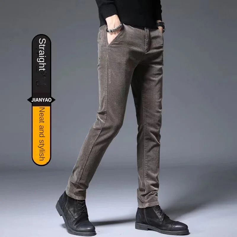Corduroy Autumn Winter Mens Stretch Casual Slim Straight Velvet Thicken Trousers Fashionable Youth Army Green Pants 240806