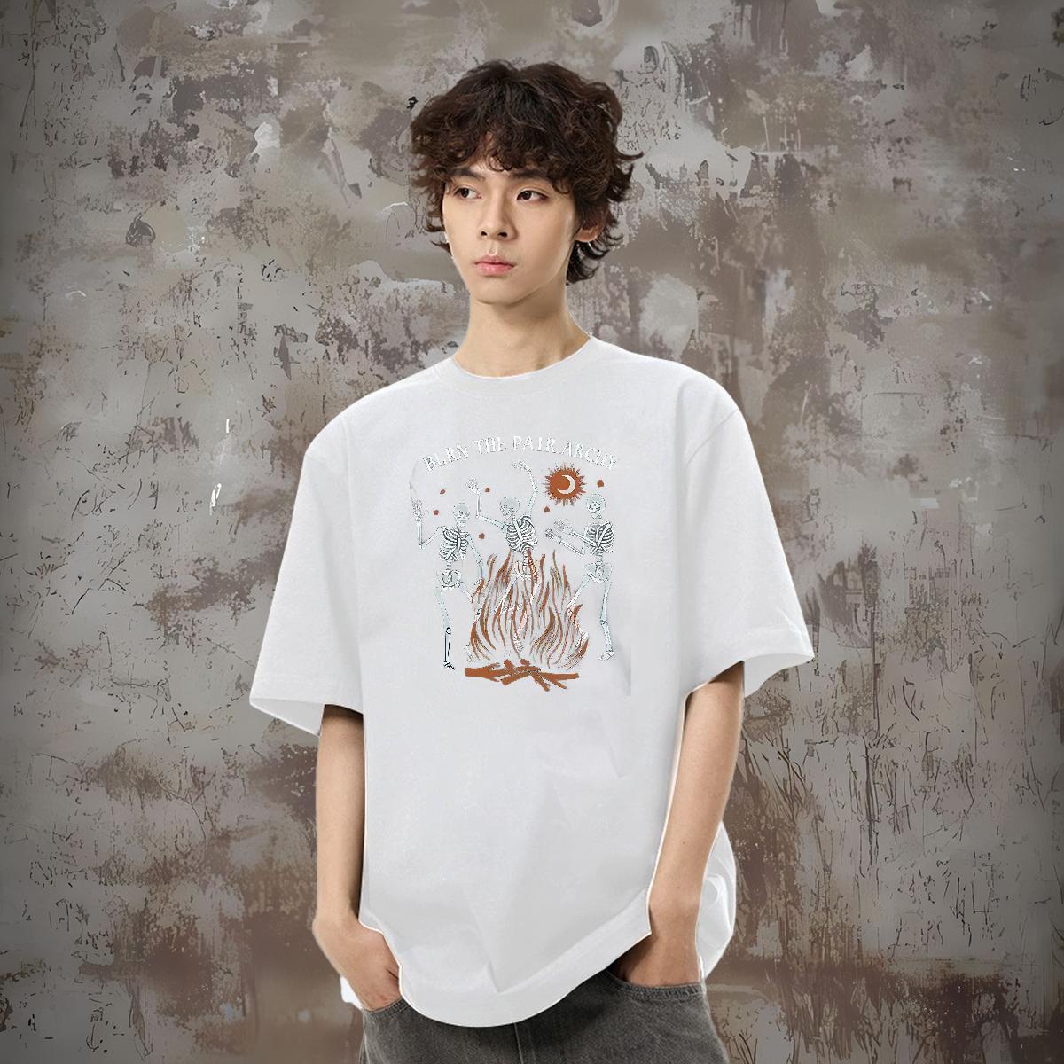 Fashion T Shirt For Man skull Clothes 100% Cotton 230g Street Casual Loose Fit Custom Printed Short Sleeve O-Neck Men Tops Tees